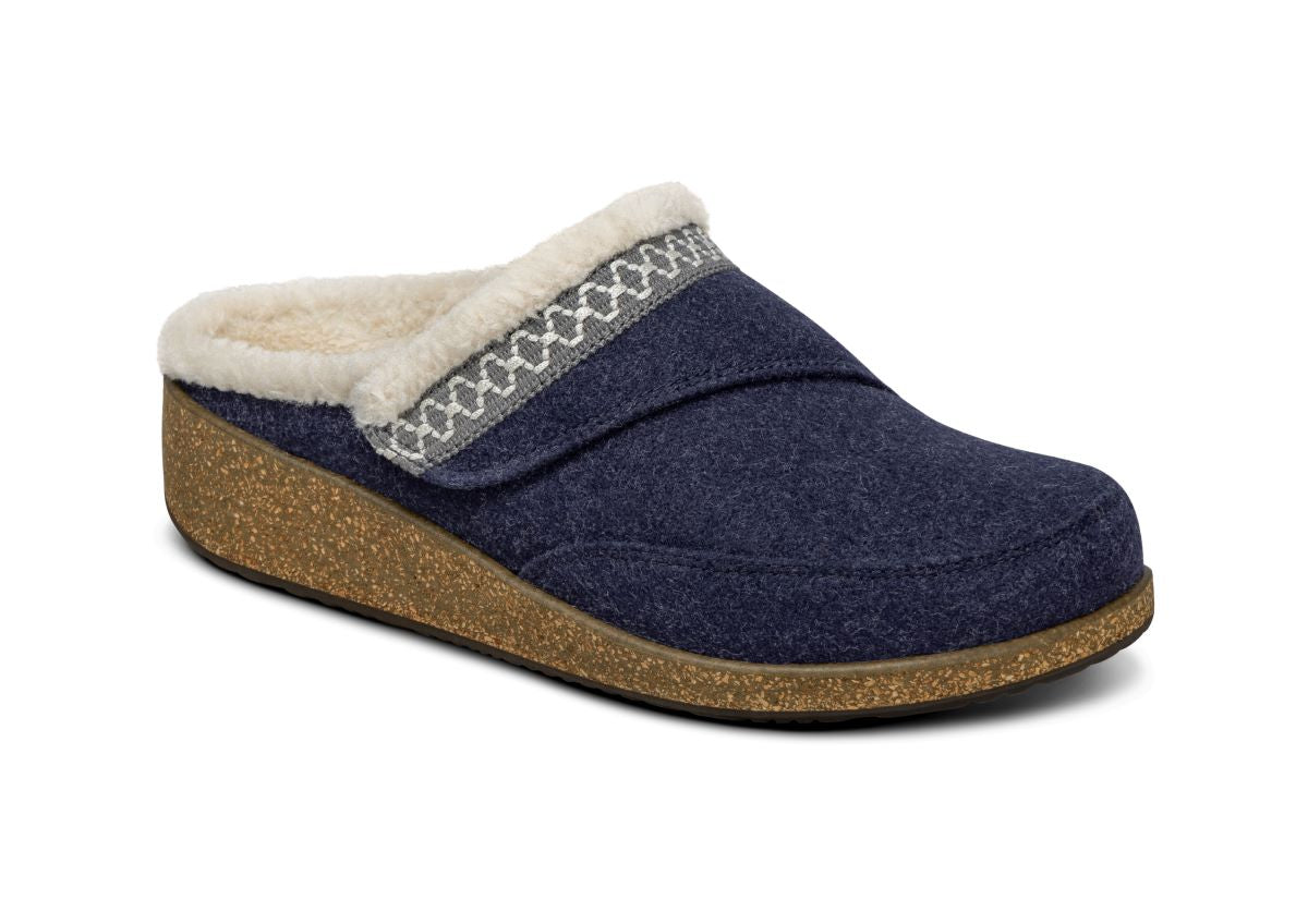 Clara Women's Faux Fur Cork Wedge Clog Slippers, Navy, angle view