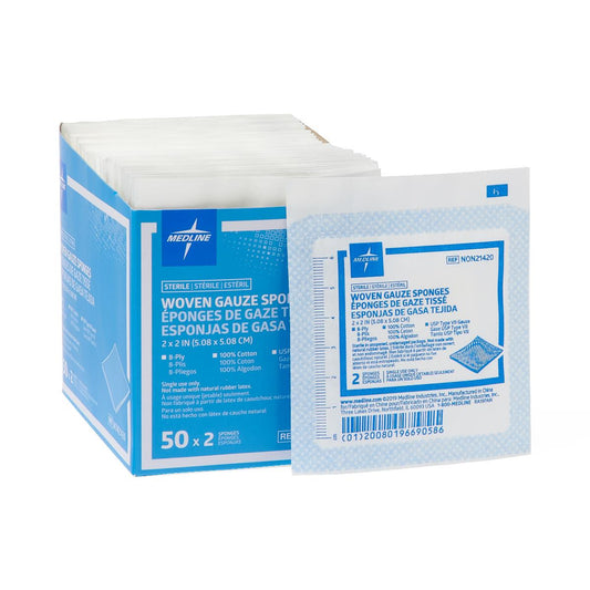 Sterile 100% Cotton Woven Gauze Sponges 2" x 2" 8ply 2'S