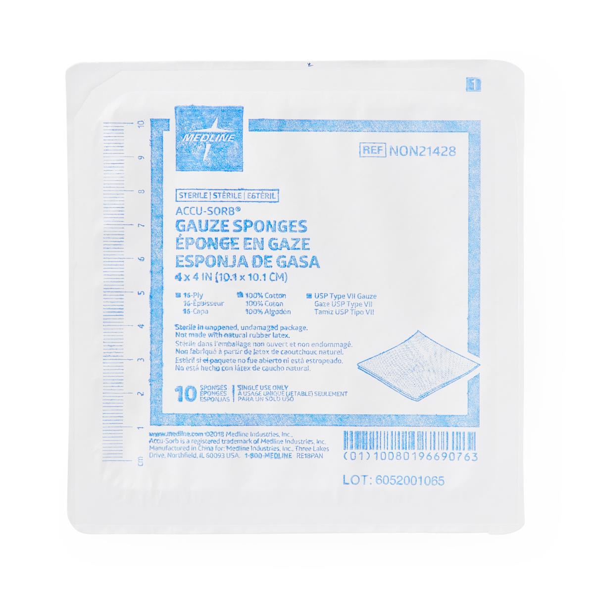 Sterile 100% Cotton Woven Gauze Sponges 4" x 4" 16ply 10/tray