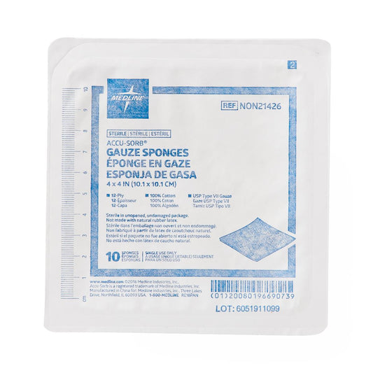 Sterile 100% Cotton Woven Gauze Sponges 4" x 4" 12ply 10/tray