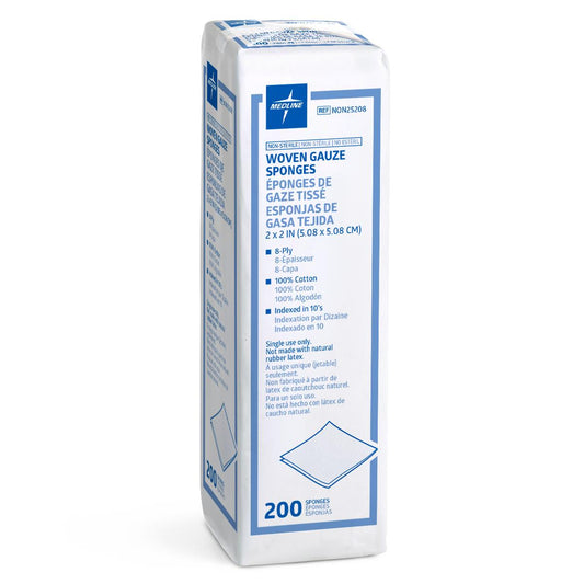 Nonsterile 100% Cotton Woven Gauze Sponges 2" x 2" 8ply 200/pack