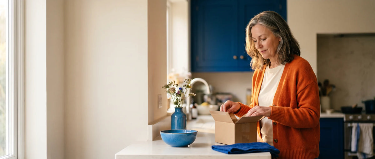 Woman opening a delivery in her kitchen