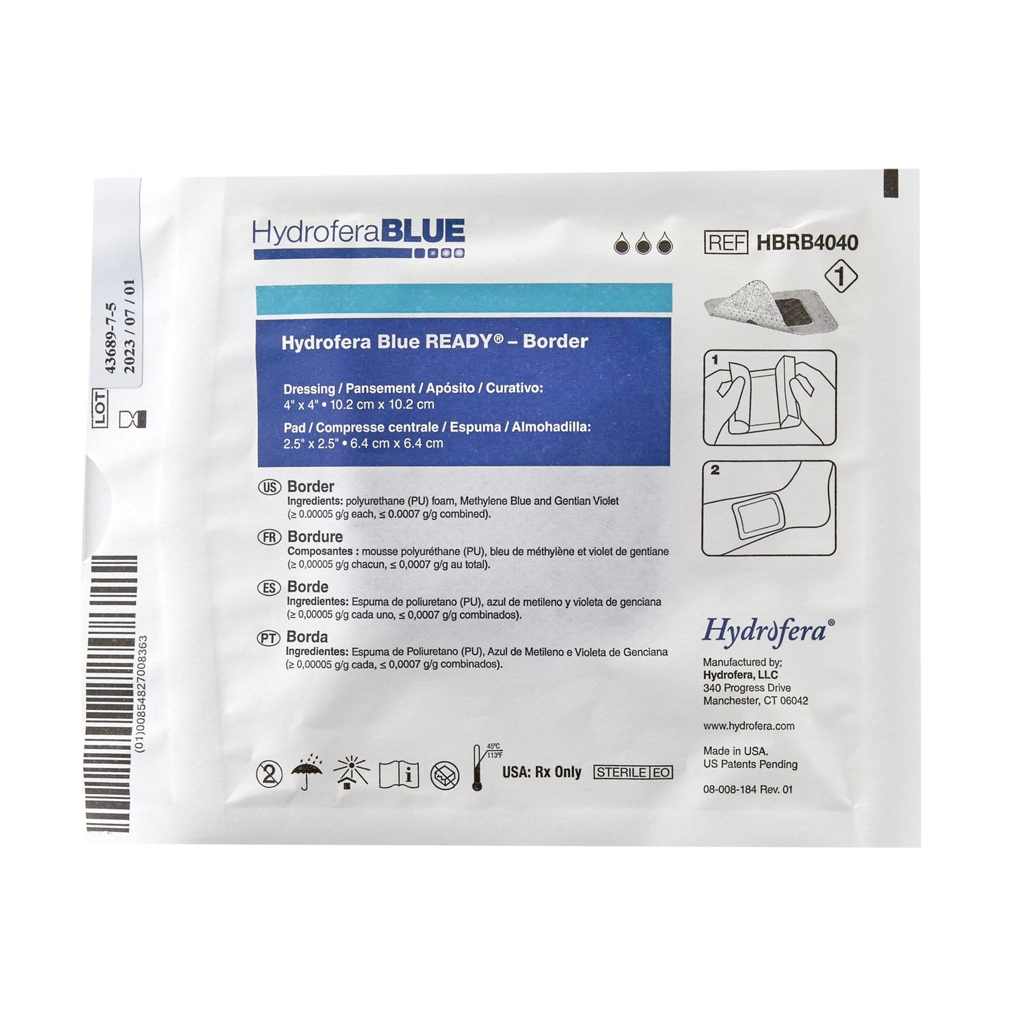 BLUE® READY-Border™ Antibacterial Foam Dressing Hydrofera, 4 x 4 Inch