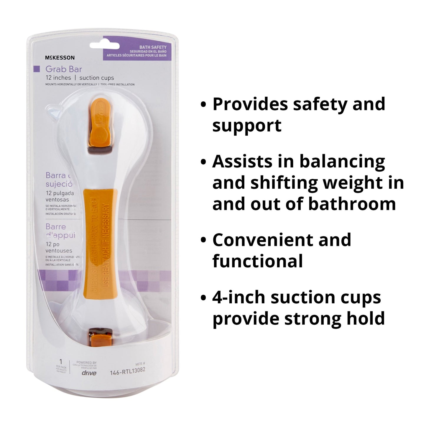 McKesson White / Yellow Plastic Suction-Cup Grab Bar