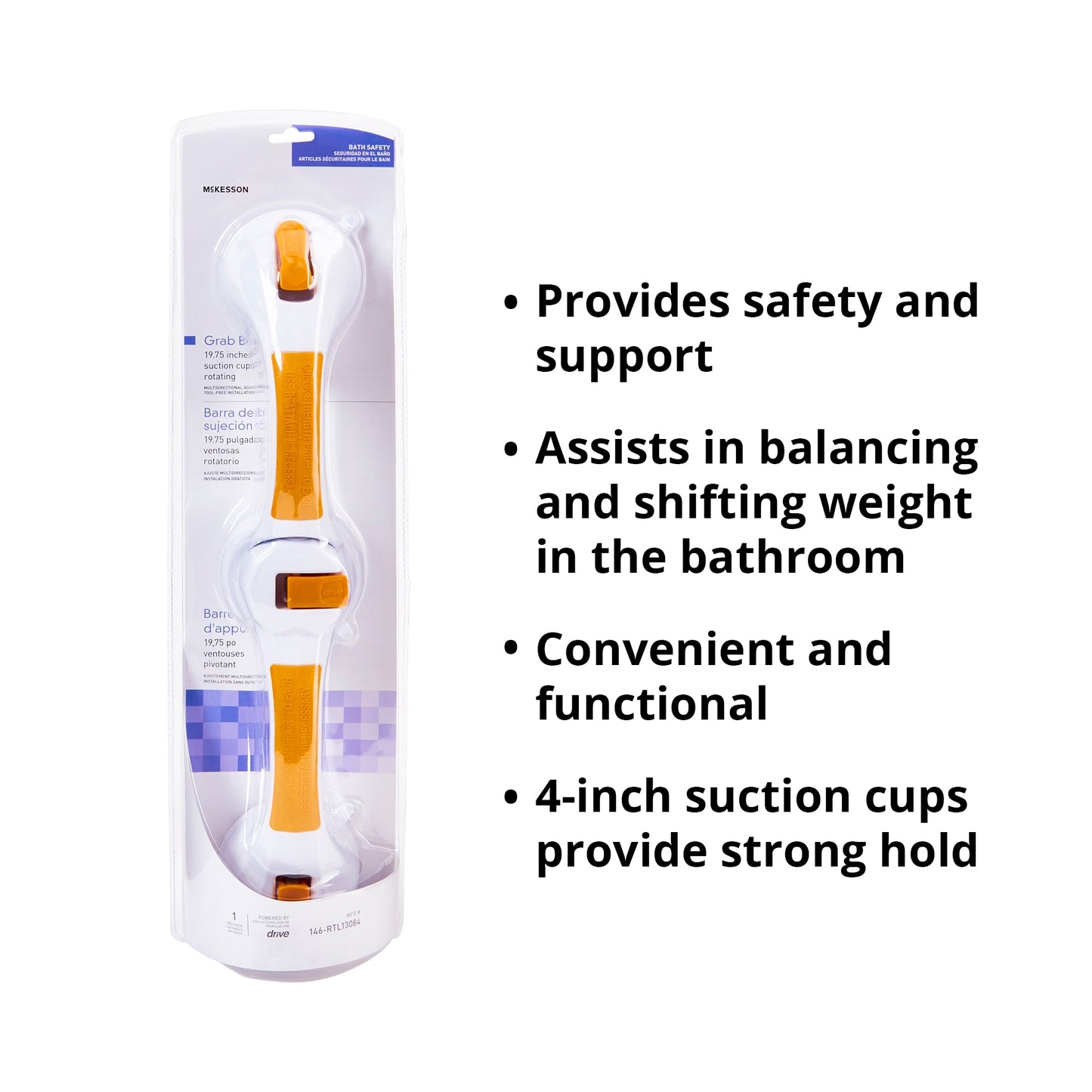 McKesson Rotating Suction-Cup Grab Bar, White/Yellow Plastic