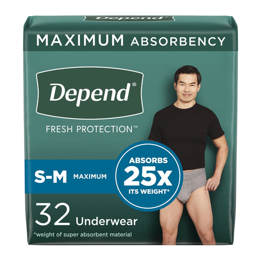 Depend FIT-FLEX Incontinence Underwear for Men Maximum Absorbency Small/Medium Gray 32 Count