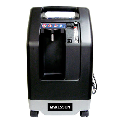 McKesson 10-liter oxygen concentrator, front view, with top handle, flow meter, and wheels