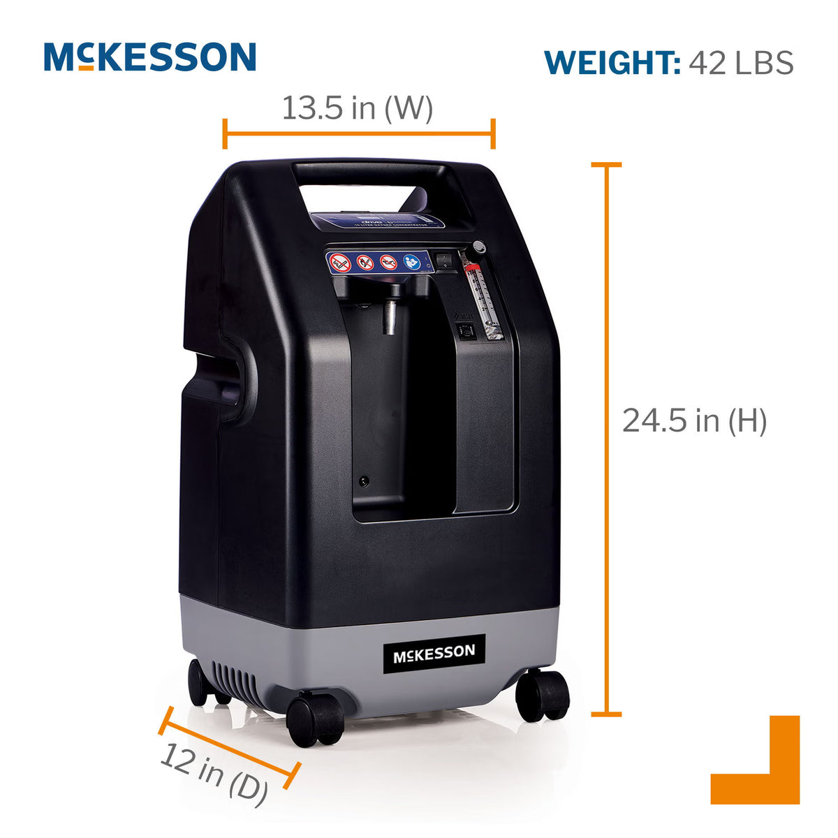 McKesson 10-liter oxygen concentrator with dimensions of 24.5 in high, 13.5 in wide, and 12 in deep, and a weight of 42 lb