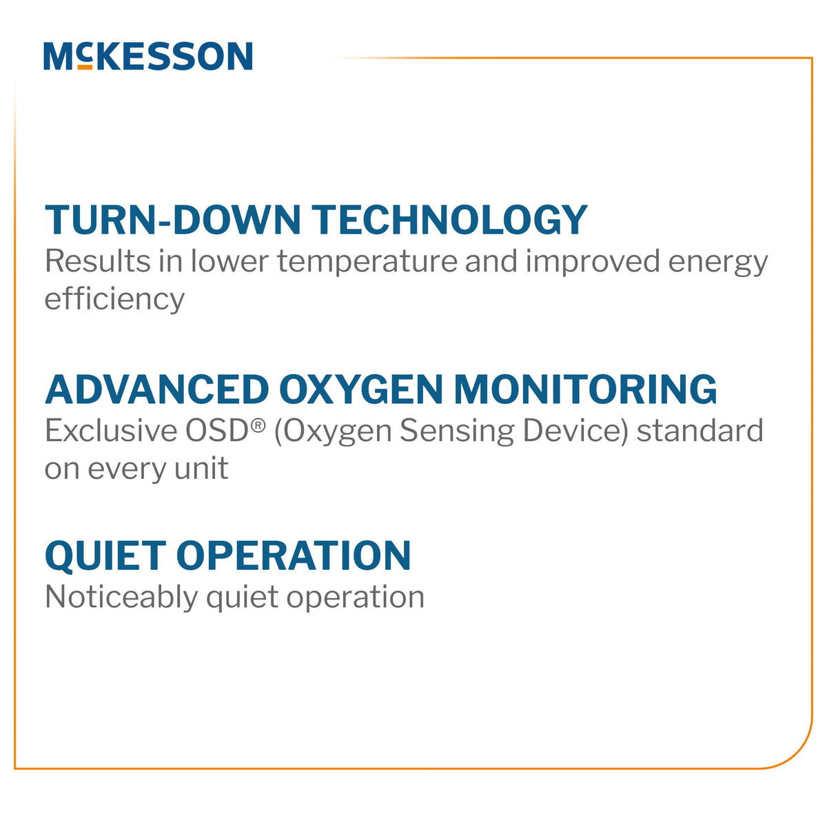 McKesson 10-liter oxygen concentrator features: Turn-Down Technology, OSD oxygen monitoring, and quiet operation