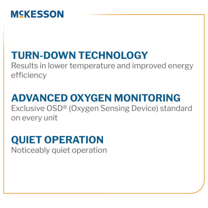 McKesson 10-liter oxygen concentrator features: Turn-Down Technology, OSD oxygen monitoring, and quiet operation