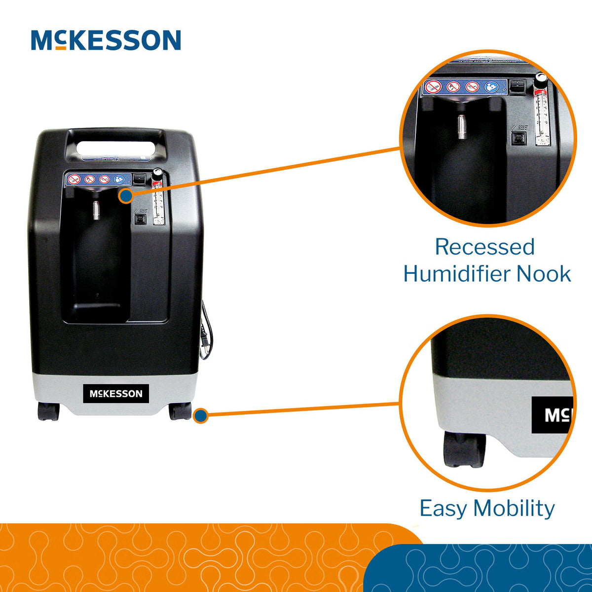 McKesson 10-liter oxygen concentrator with close-ups of the recessed humidifier nook and the wheels