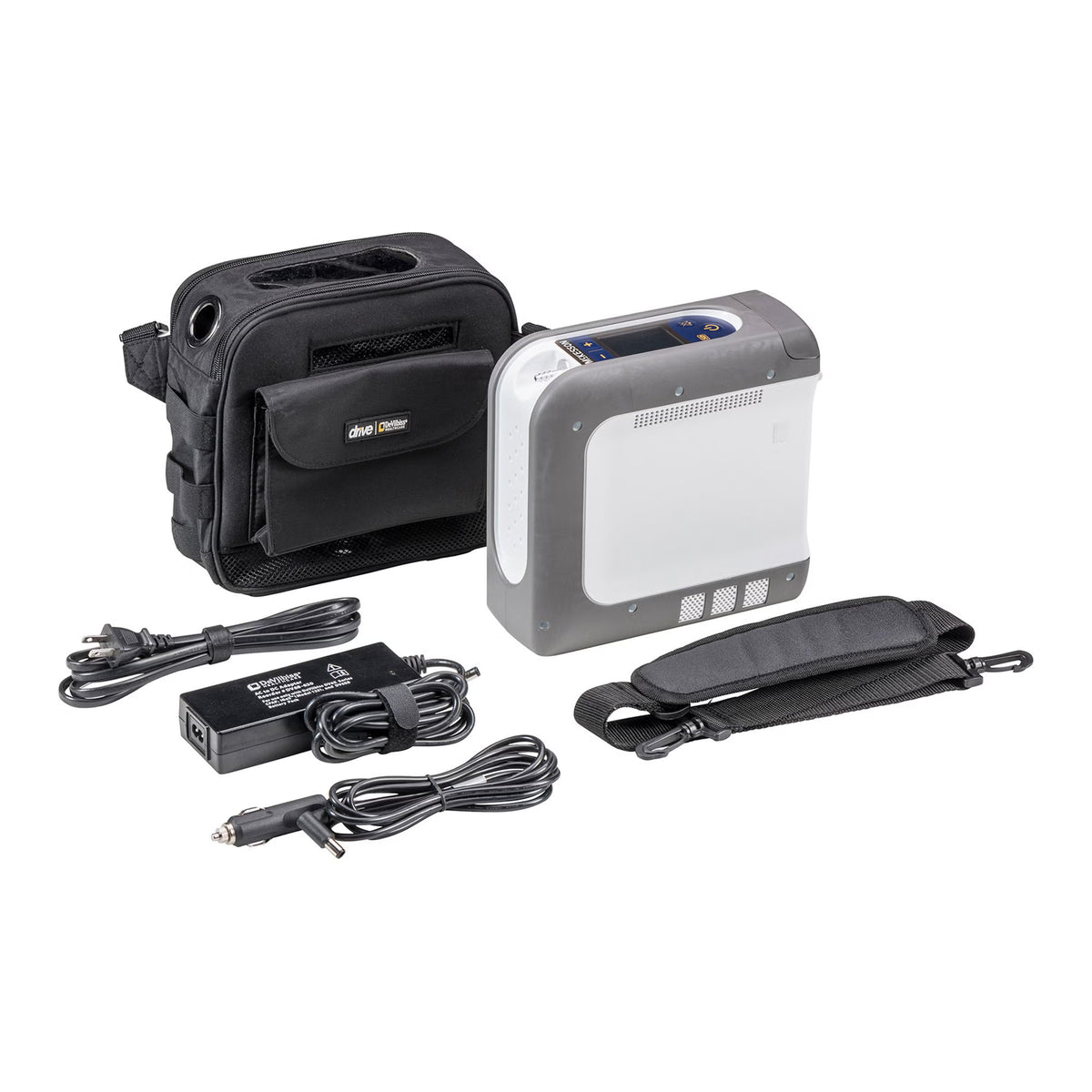 McKesson portable oxygen concentrator with carrying case, shoulder strap, power supply, AC power cord, and DC car power cord