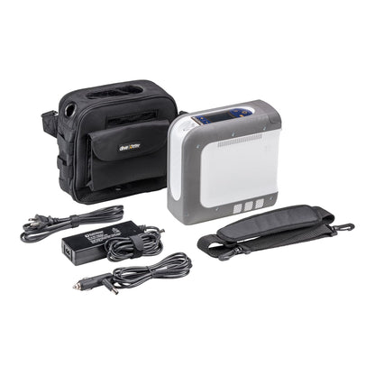 McKesson portable oxygen concentrator with carrying case, shoulder strap, power supply, AC power cord, and DC car power cord
