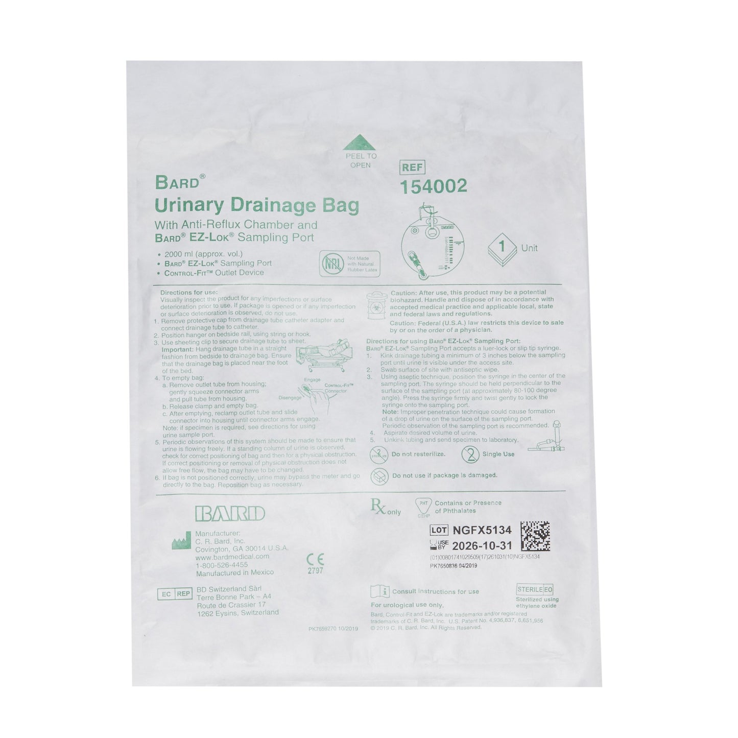 Bard® Urinary Drain Bag with Anti-Reflux, 1 Hook