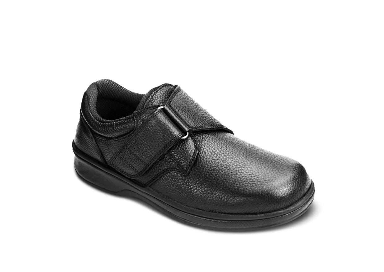 Broadway Men's Leather No-Lace Adjustable Strap Dress Shoes, Black, angle view