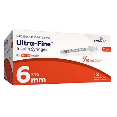 Ultra-Fine Insulin Syringe with Half-Unit Scale 31G x 6mm 3/10mL 100 Count