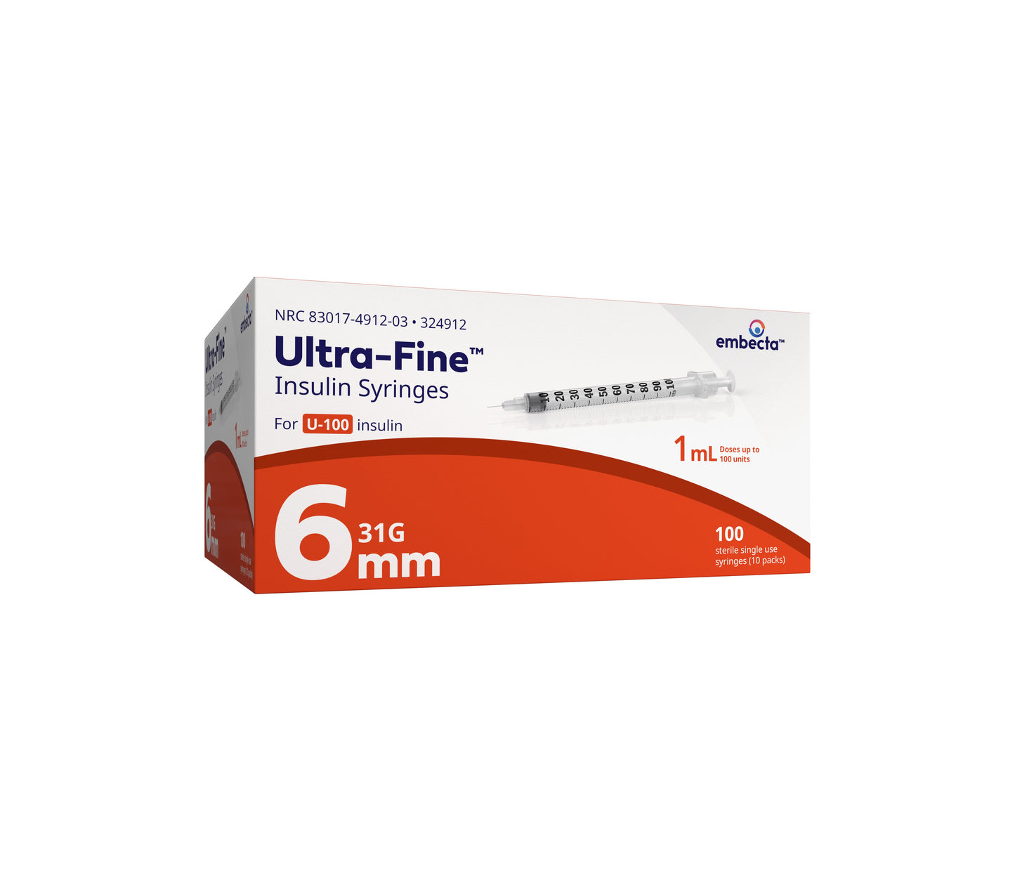 Ultra-Fine Insulin Syringe with Half-Unit Scale 31G x 6 mm, 1 mL (100 count) 100ct
