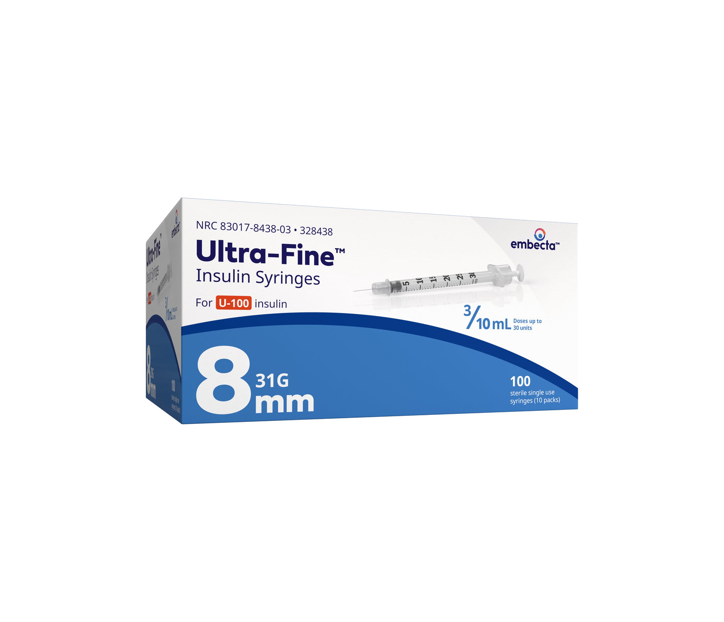 Insulin Syringe with Ultra-Fine Needle 31G x 5/16", 3/10 mL (100 count) 100ct