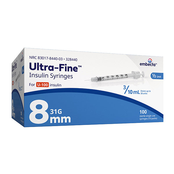 Insulin Syringe with Ultra-Fine II Needle 31G x 5/16" 3/10mL 100 Count