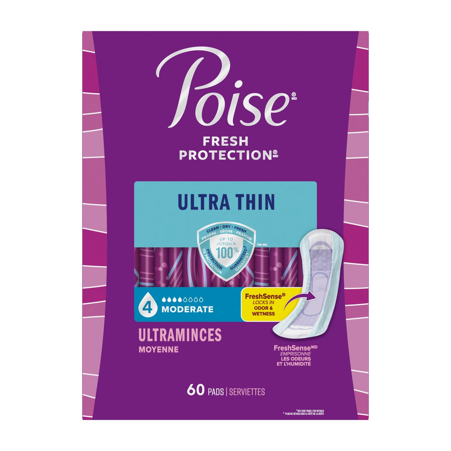 Poise Ultra Thin Incontinence Pads, Moderate Absorbency, 60 Count,  Regular Length, 10.24" Long
