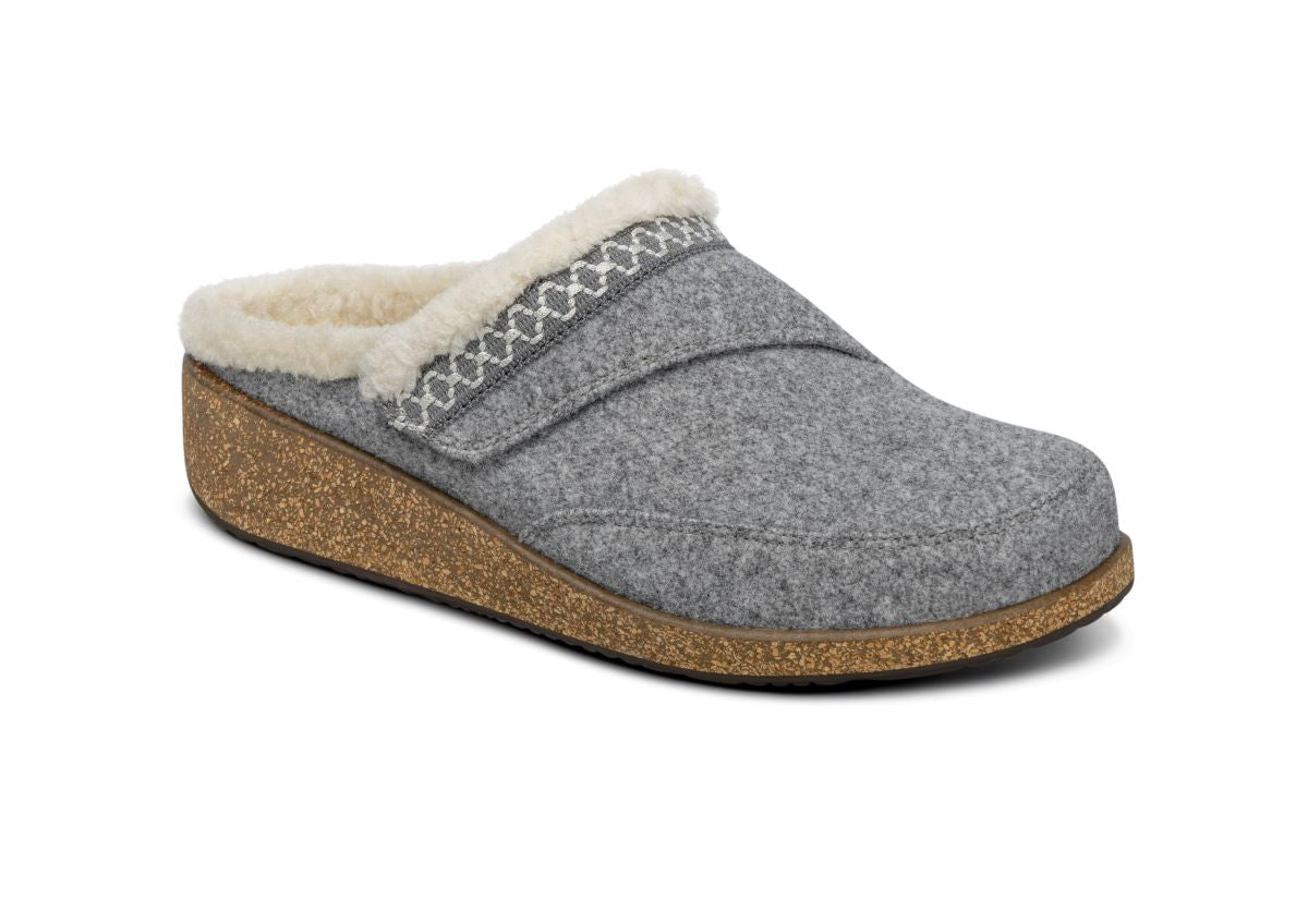 Clara Women's Faux Fur Cork Wedge Clog Slippers, Gray, angle view