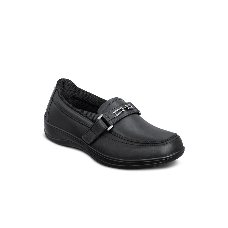 Chelsea Women's Slip-On Leather Dress Shoes, Black, angle view