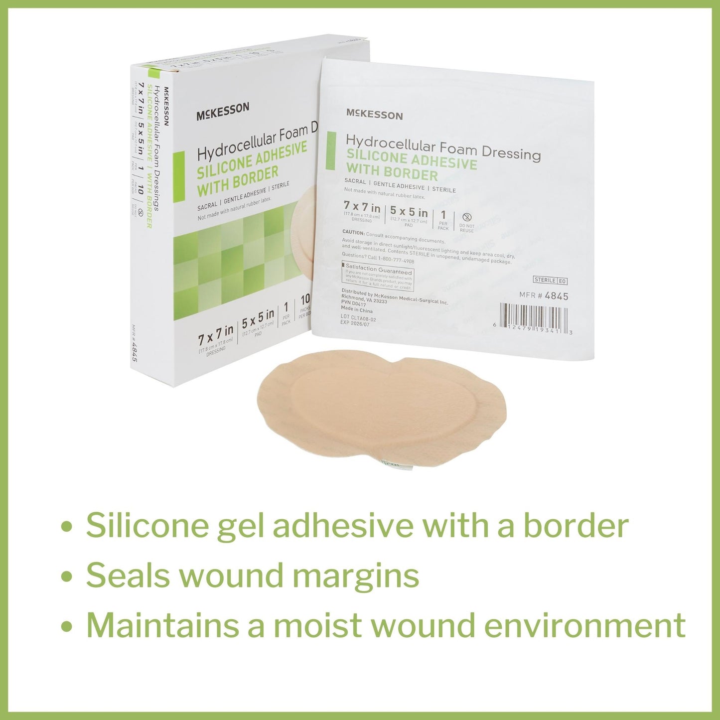 McKesson Silicone Adhesive with Border Silicone Foam Dressing, 7 x 7 Inch Sacral
