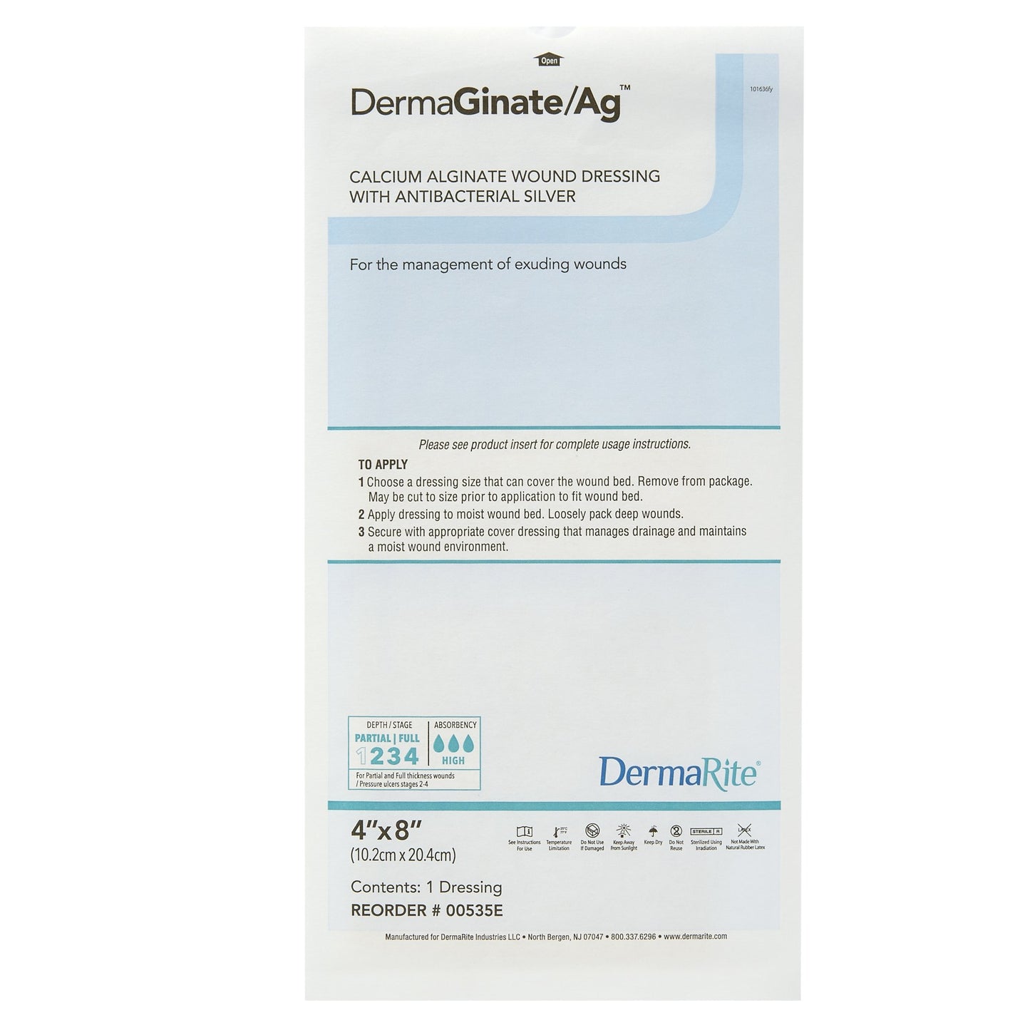 DermaGinate/ Ag™ Silver Alginate Dressing, 4 x 8 Inch