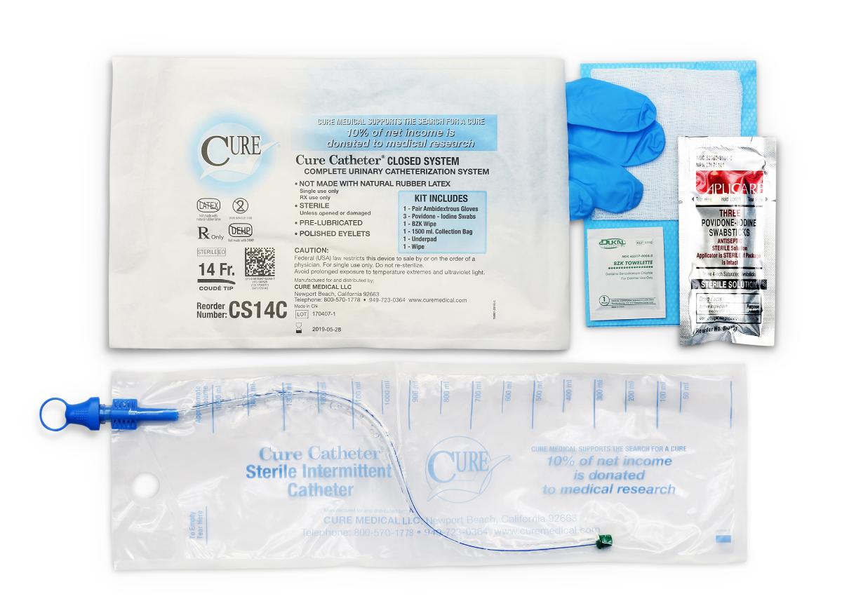 Cure Catheter Closed System Kit Unisex Coude Tip with Integrated 1500mL Collection Bag 14 FR