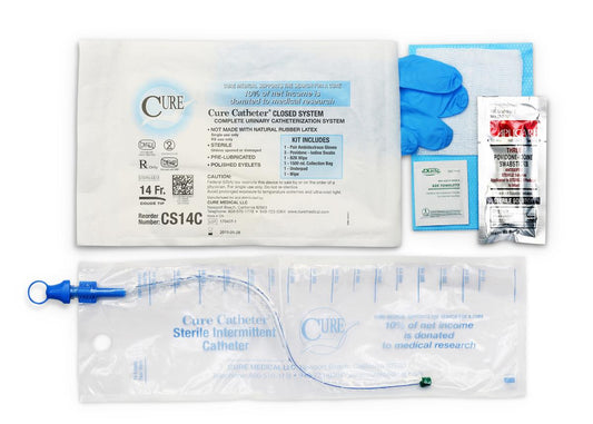 Cure Catheter Closed System Kit Unisex Coude Tip with Integrated 1500mL Collection Bag 14 FR