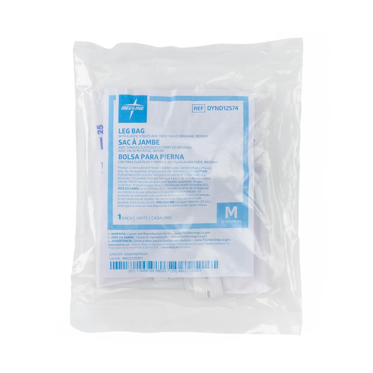 Urinary Leg Drain Bag with Elastic Straps, Twist Valve, Medium, 600 mL (20 oz.)