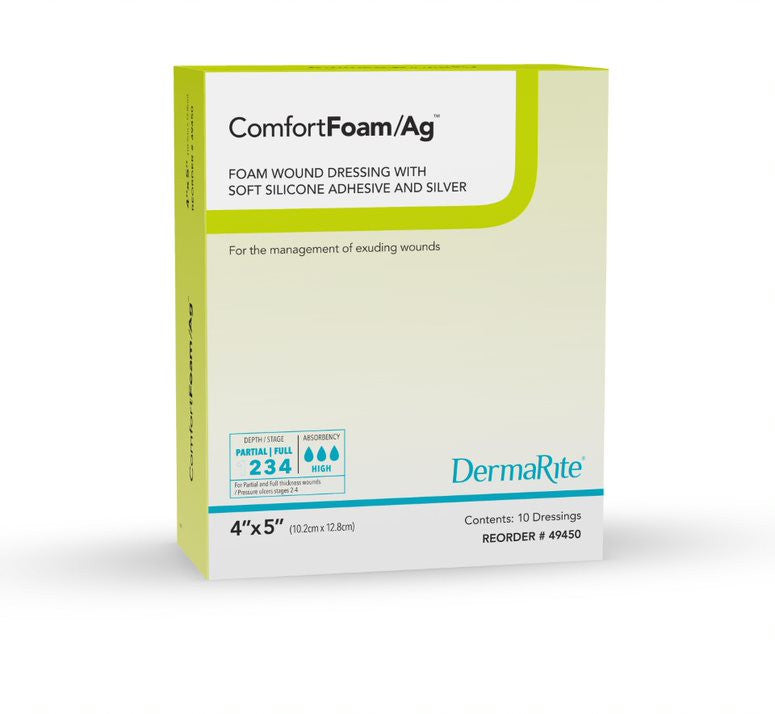ComfortFoam Foam Wound Dressing with Silver and Soft Silicone Adhesive 4" x 5"