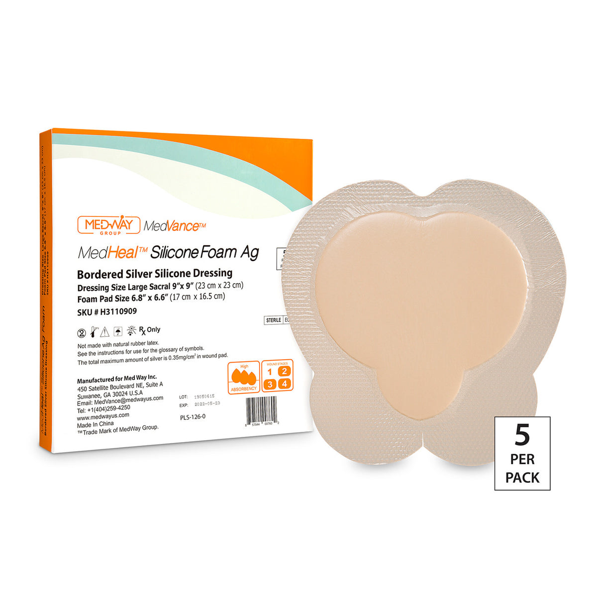 CuraVance Bordered Silver Silicone Foam Sacral 9" x 9" Dressing 7" x 7" Pad
