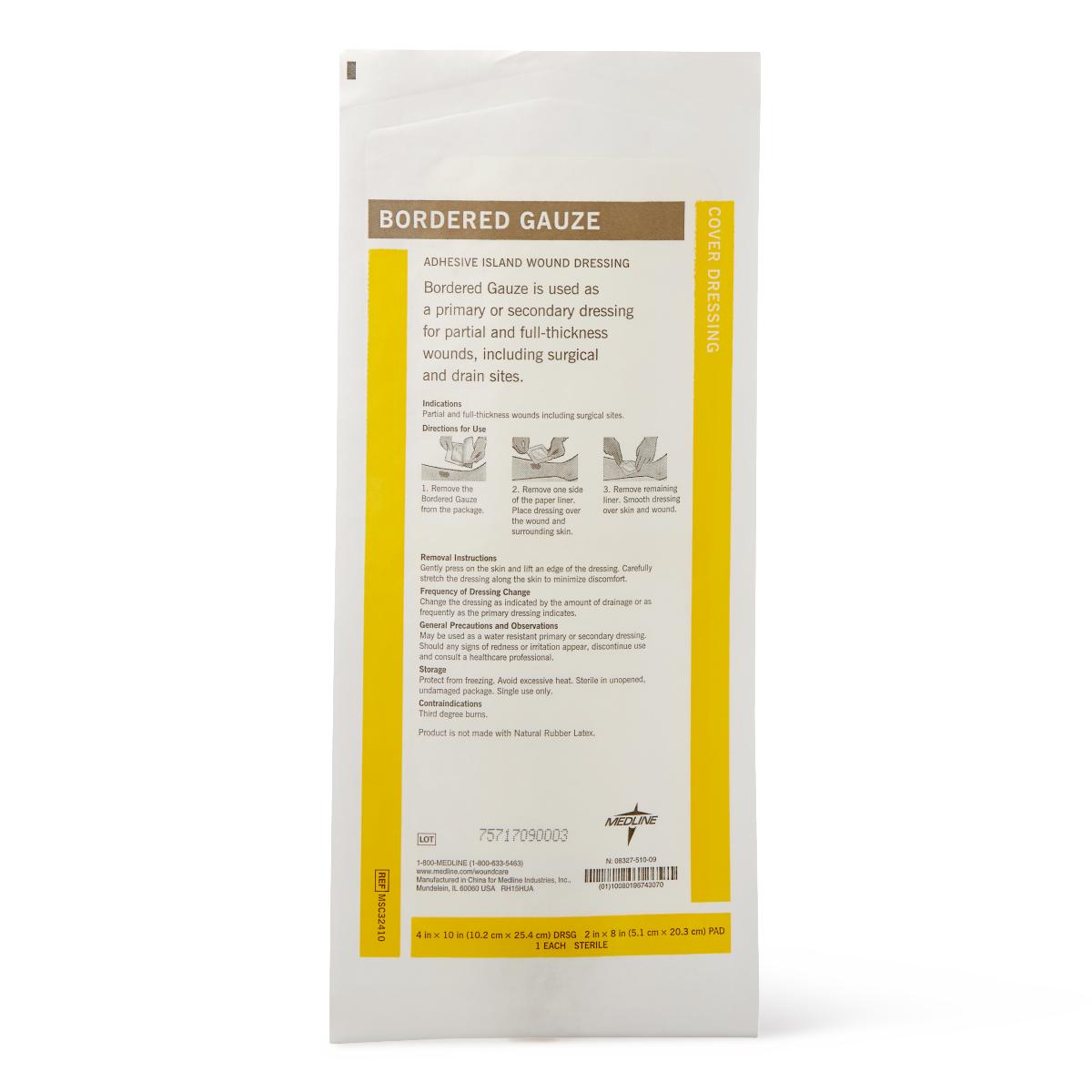 Bordered Gauze Adhesive Island Wound Dressings Border 4" x 10" (2 8"pad) Sterile