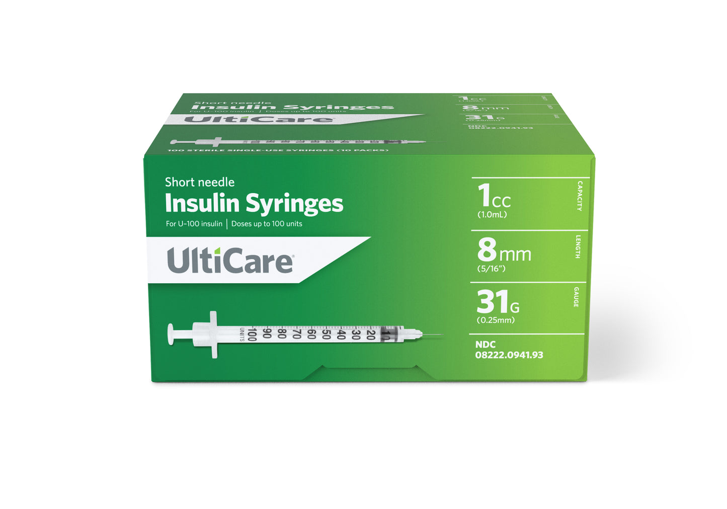 Short Needle Insulin Syringe 31G x 5/16", 1 mL (100 count) 100ct