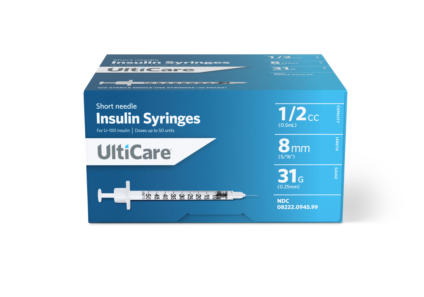 Short Needle Insulin Syringe 31G x 5/16", 1/2 mL (100 count) 100ct