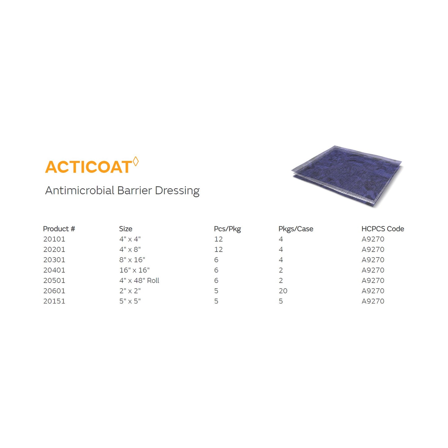 Acticoat Burn Antimicrobial Barrier Dressing, 4 x 4 Inch
