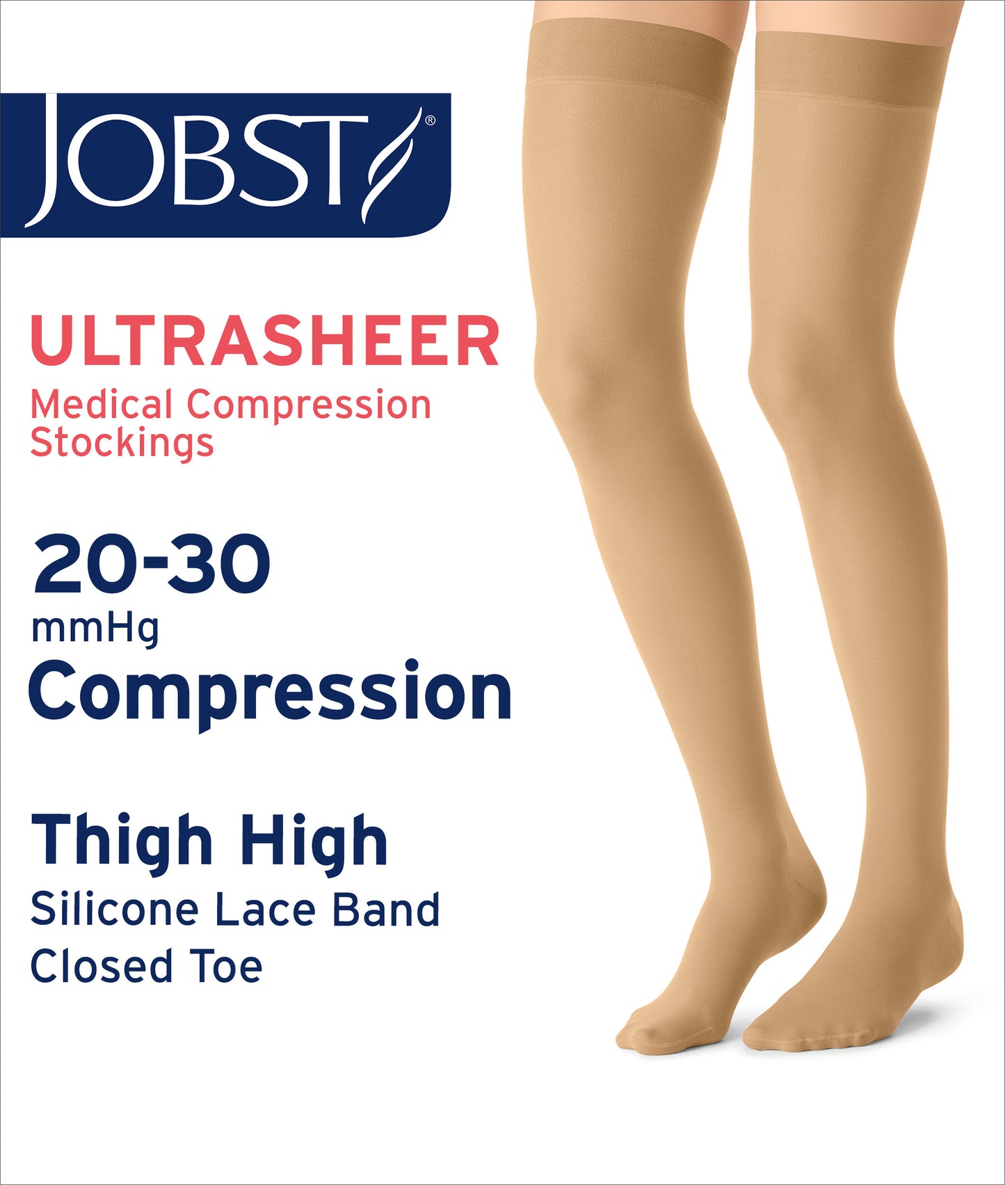 JOBST® UltraSheer Women's Thigh High 20-30 mmHg w/ Lace Silicone Top Band Compression Stockings Closed Toe