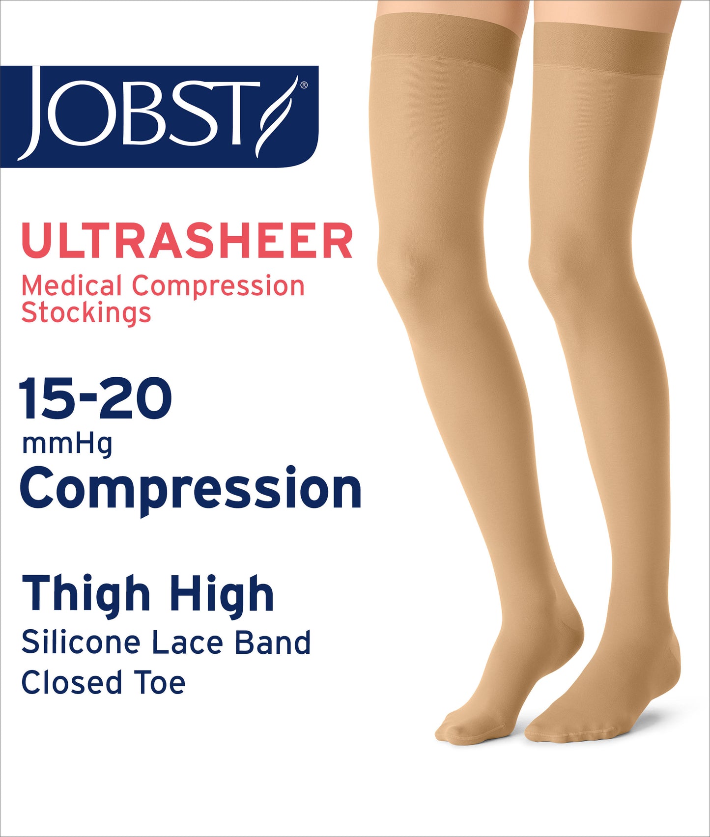 JOBST® UltraSheer Women's Thigh High 15-20 mmHg w/ Lace Silicone Top Band Compression Stockings Closed Toe