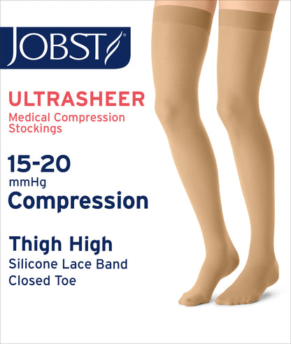 JOBST® UltraSheer Women's Thigh High 15-20 mmHg w/ Lace Silicone Top Band Compression Stockings Closed Toe