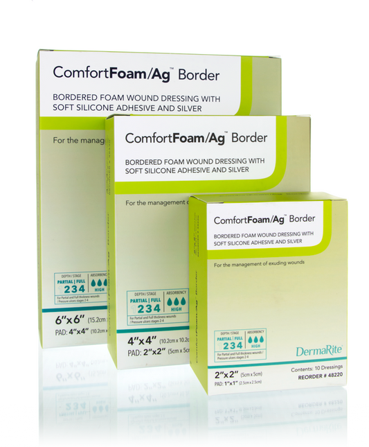 DermaRite®'s ComfortFoam™/Ag Border Foam Wound Dressing, 2 x 2 Inch