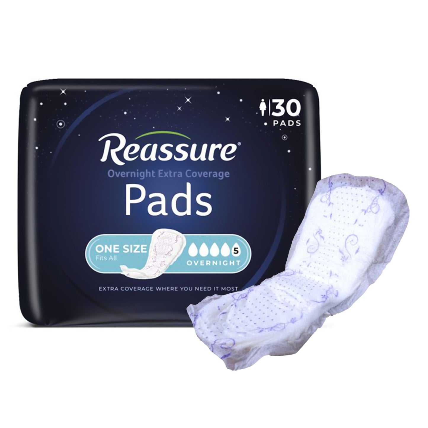 Reassure® Overnight Extra Coverage Pads, 7.5 x 14.5 Inch