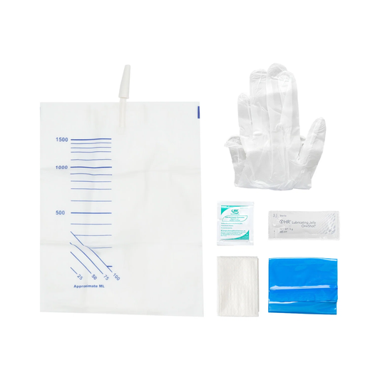 TruCath Intermittent Catheter Insertion Kit. Vinyl PF Gloves 5g Lube Jelly Packet BZK wipe Underpad and Drainage Bag with connector