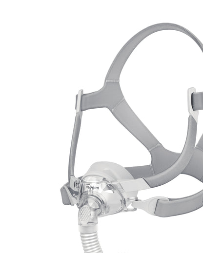 Inogen Aurora N1 nasal CPAP mask with headgear, angled view