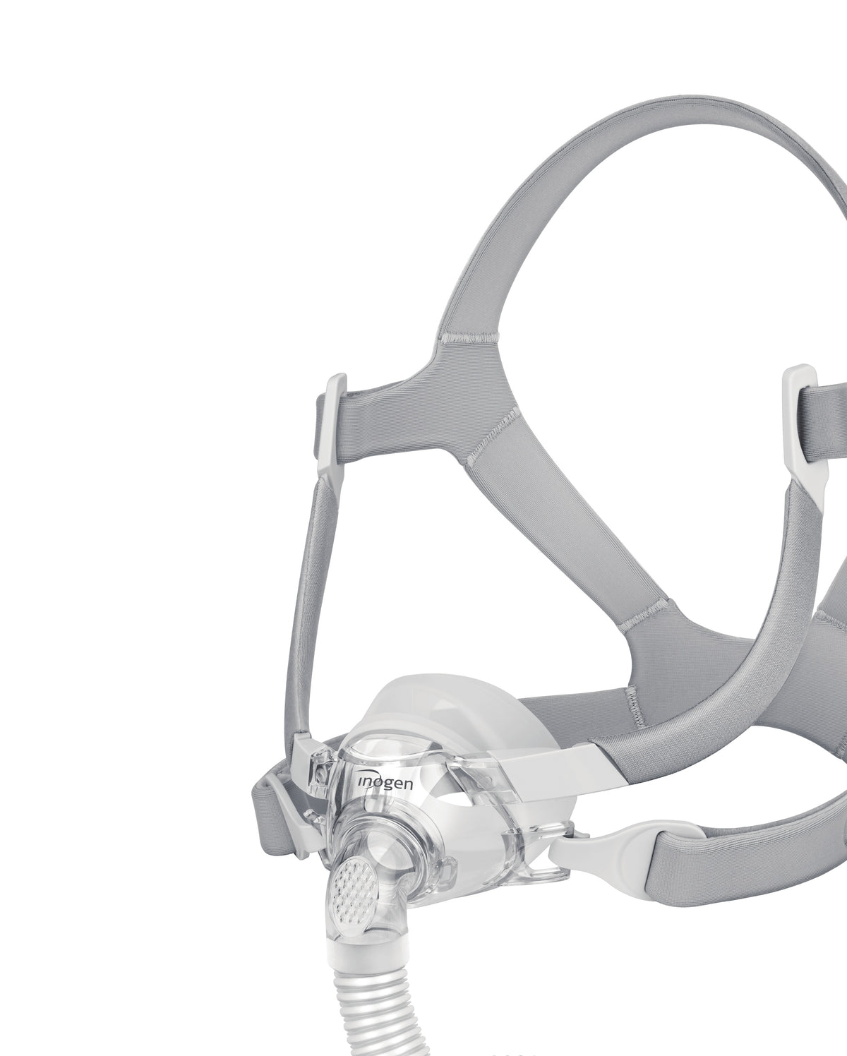 Inogen Aurora N1 nasal CPAP mask with headgear, angled view