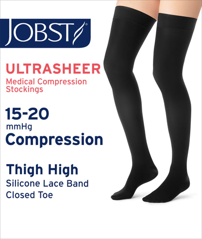 JOBST® UltraSheer Women's Thigh High 15-20 mmHg w/ Lace Silicone Top Band Compression Stockings Closed Toe